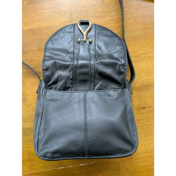 Black Leather Crossbody Bag Gold Wishbone Clasp Vintage Adjustable Antonia - Picture 3 of 8